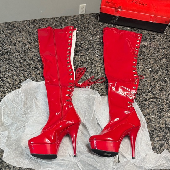 Pleaser Shiny Red thigh high platform Heeled Boots NIB 9 - Picture 1 of 14